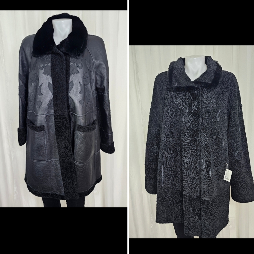 Astrakan Lamb Black Reversible Leather And Curly Lamb Floral Applique Coat Small